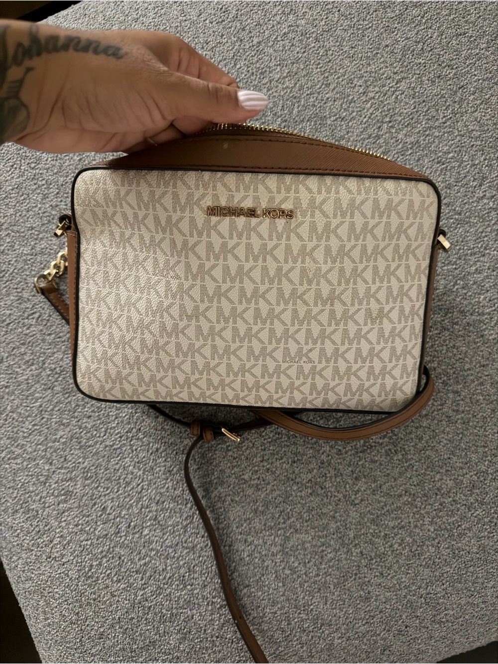 MICHAEL KORS Beige Signature MK Crossbody with Brown Trim